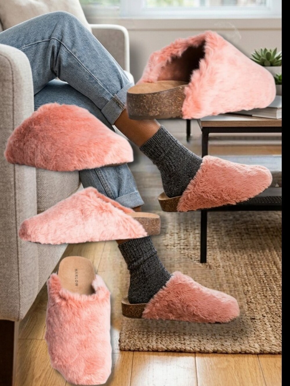 HARLOW Women's Grace Dusty Pink Faux Fur Slip-on's